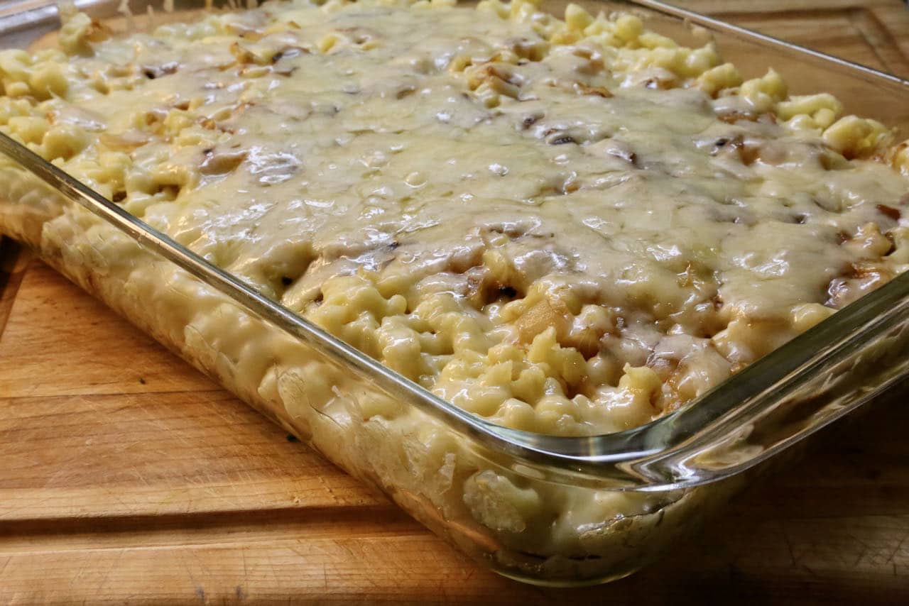 Bake Schwäbische Käsespätzle in a casserole dish until cheese has melted.