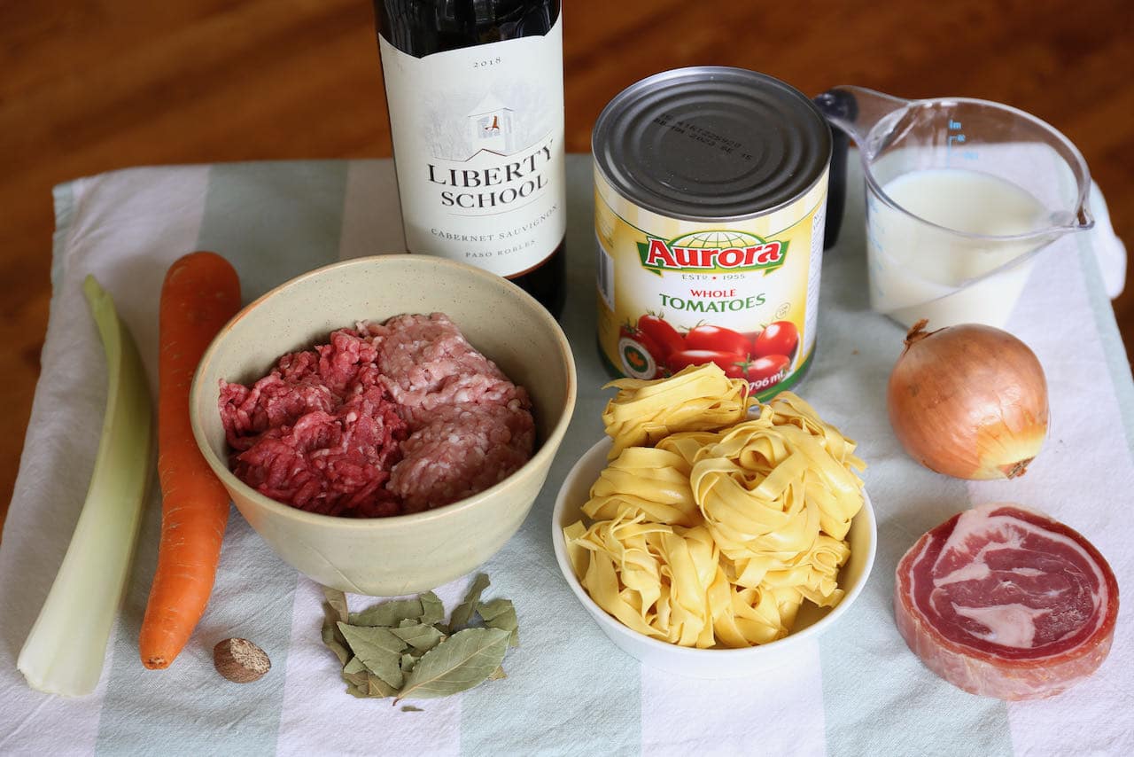Authentic Tagliatelle alla Bolognese recipe ingredients.
