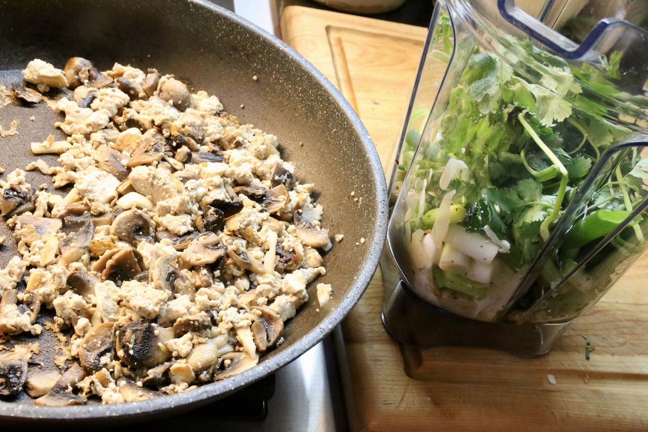 Prepare the greens for the Tofu Meatballs in a blender and blitz until smooth.