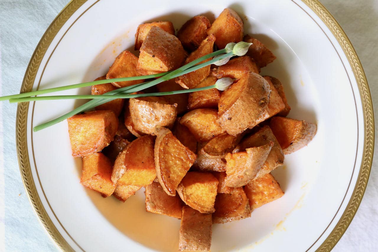 We love serving this healthy Air Fryer Sweet Potato Cubes recipe at Thanksgiving and Christmas with roast turkey.