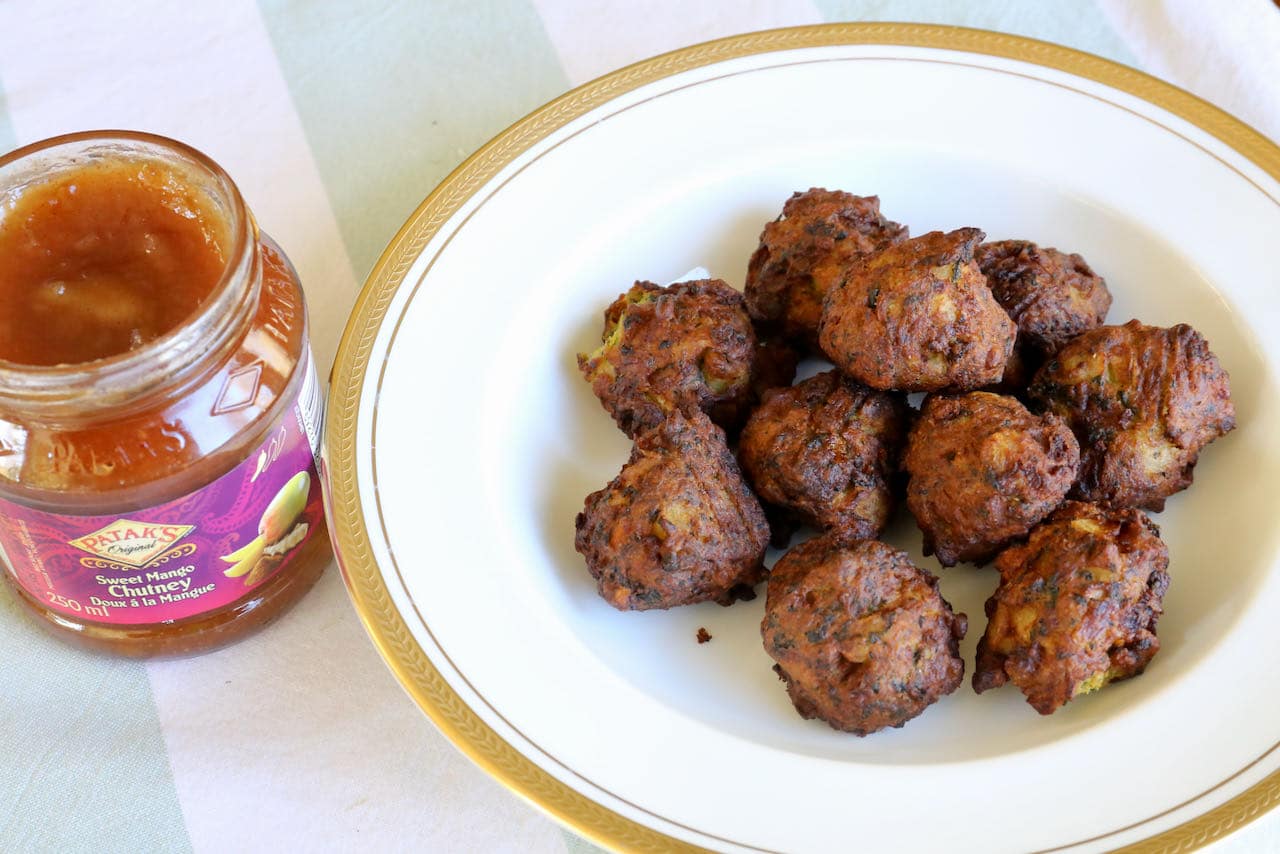 Serve Air Fryer Onion Bhaji Pakoras with sweet or spicy Indian chutney. 