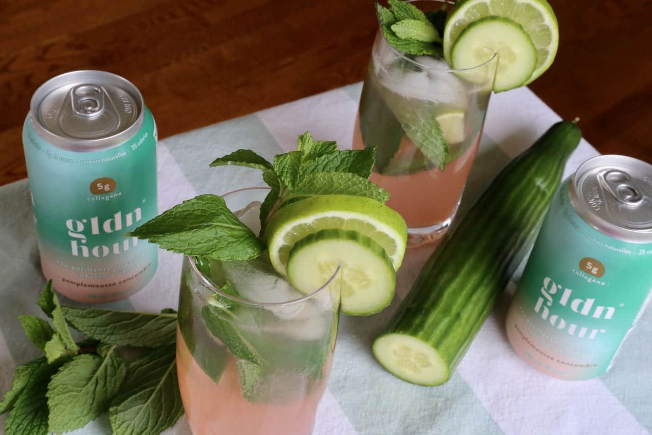 This sparkling collagen water cocktail is a rum muddled mojito featuring Grapefruit Cucumber GLDN Hour.