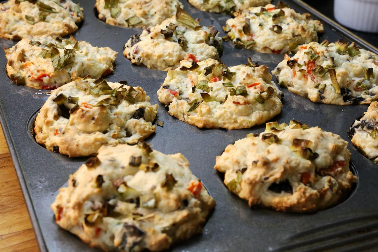 Savoury Vegetable Muffins are finished baking when browned and crunchy on top.