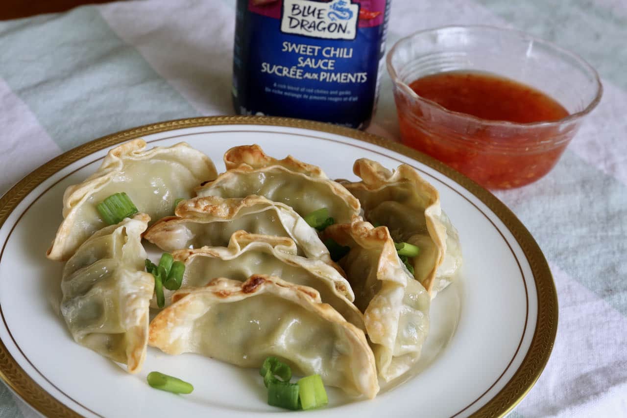 Serve Frozen Air Fryer Potstickers, Dumplings & Gyoza with Sweet Chili Sauce for dipping.