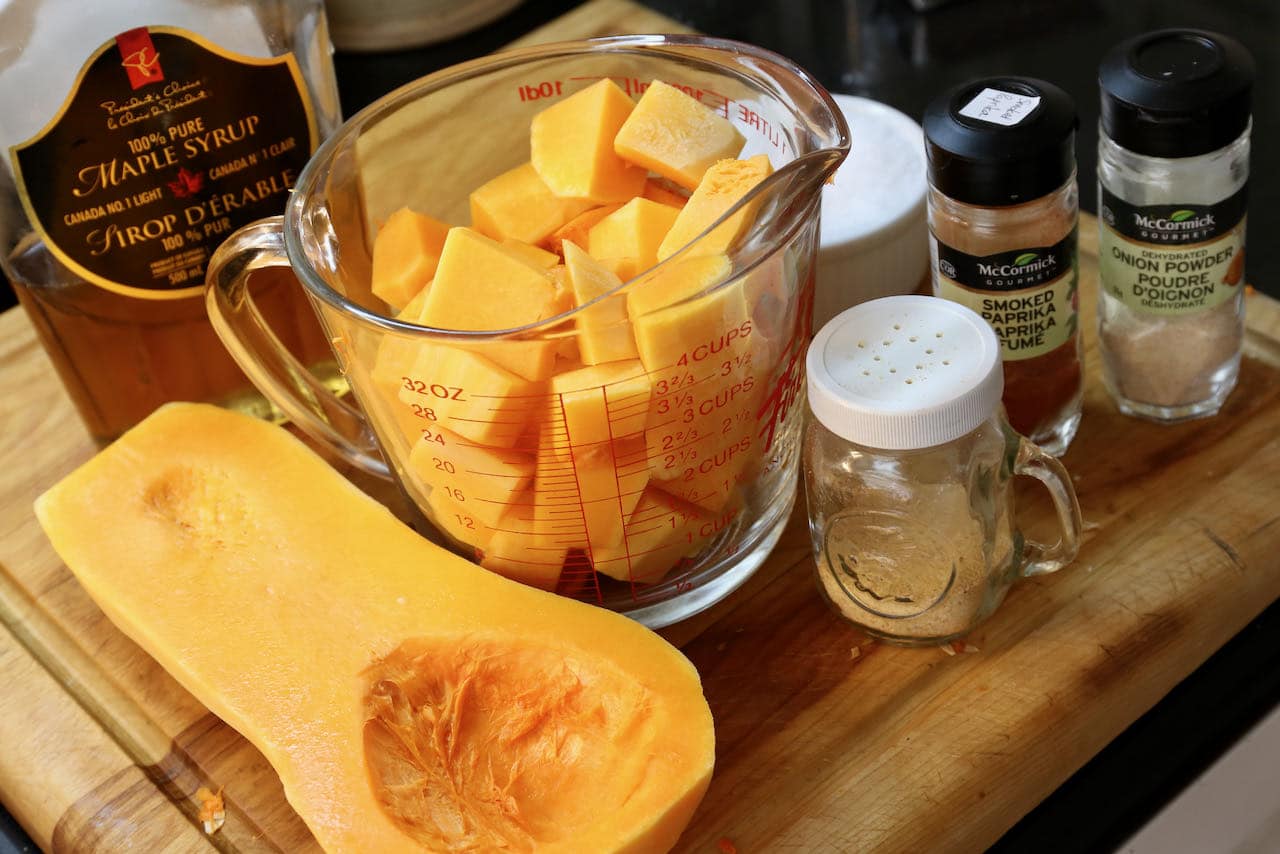 Our easy Air Fryer Squash recipe features maple syrup, garlic powder, smoked paprika and onion powder.