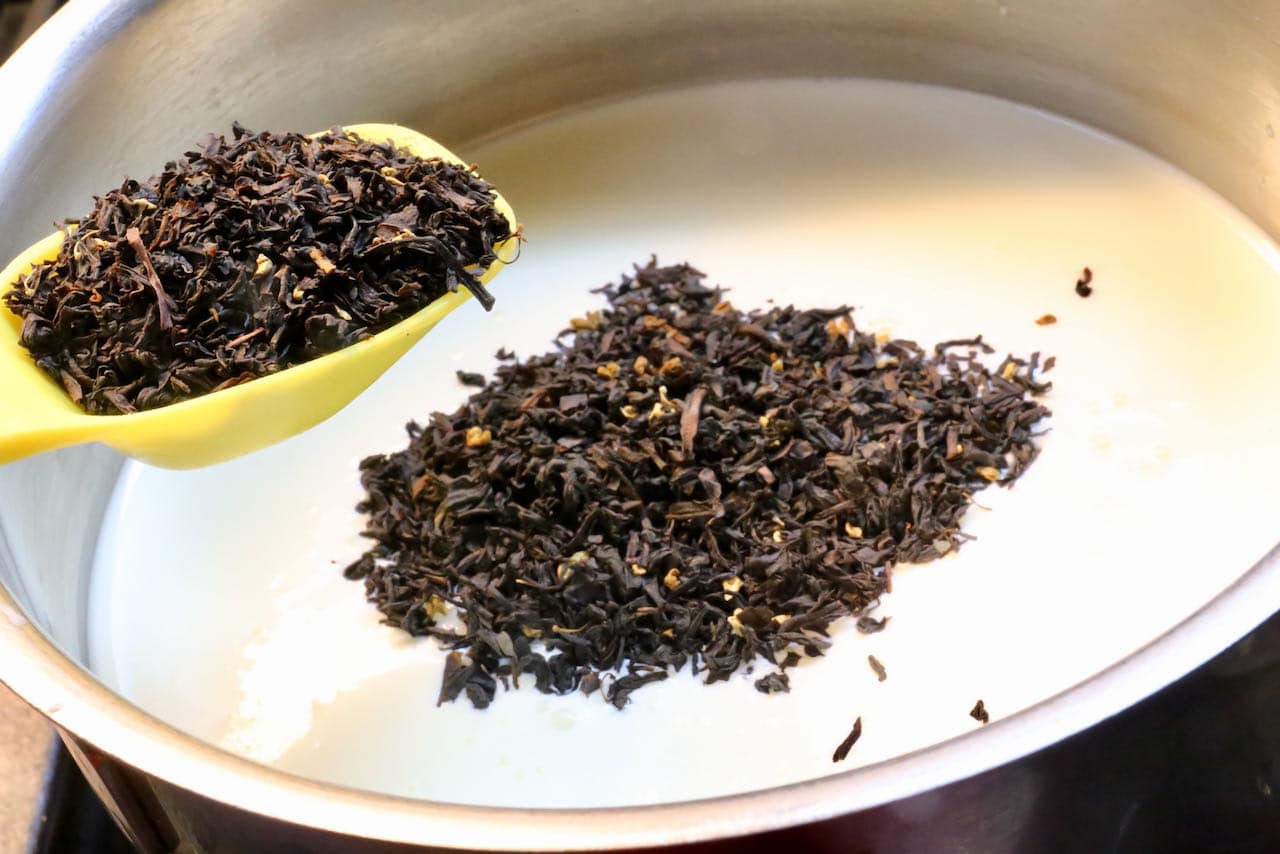 Add loose leaf Earl Grey Tea leaves to ice cream base and allow to steep.