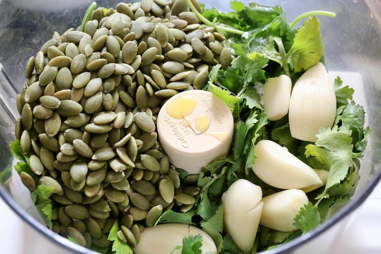 Prepare this easy Pepita Pesto recipe in a food processor.