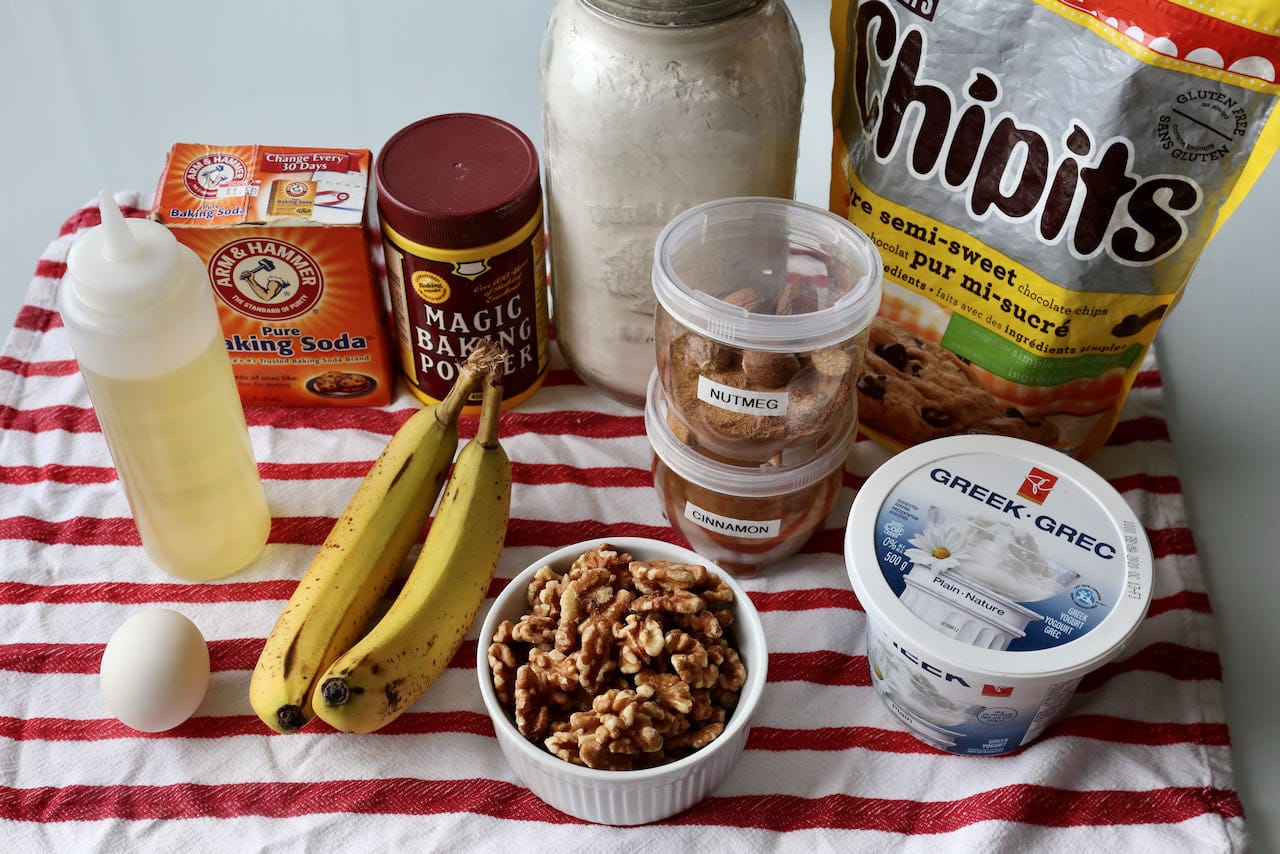 Traditional Banana Walnut Chocolate Chip Muffins recipe ingredients.