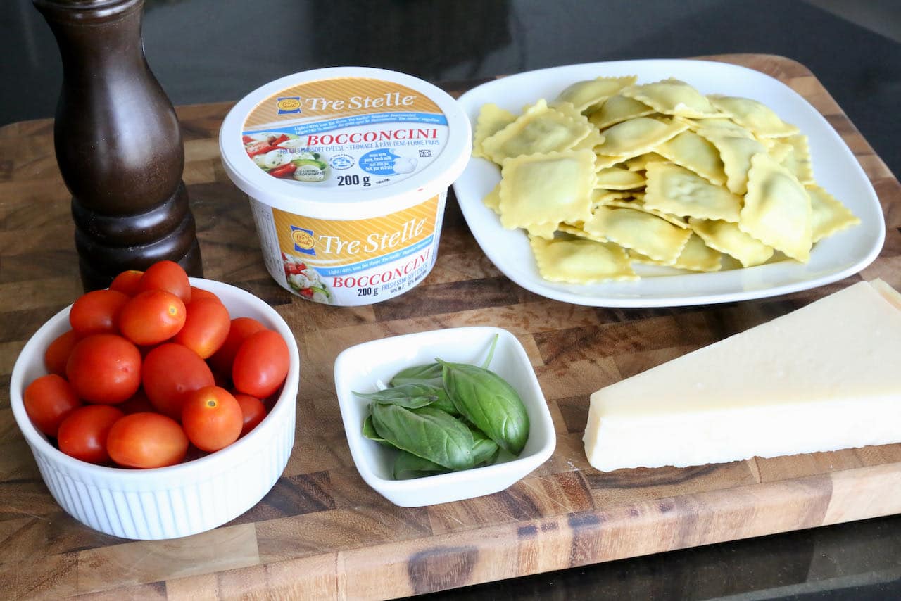 Easy Caprese Ravioli pasta recipe ingredients.