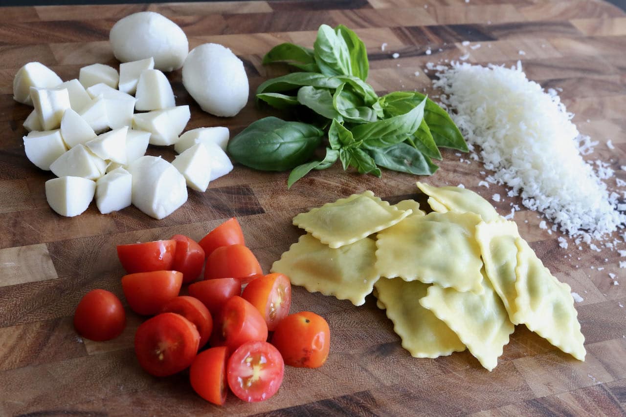 Our Ravioli Caprese recipe features stuffed pasta, cherry tomatoes, mozzarella cheese, basil and parmesan.
