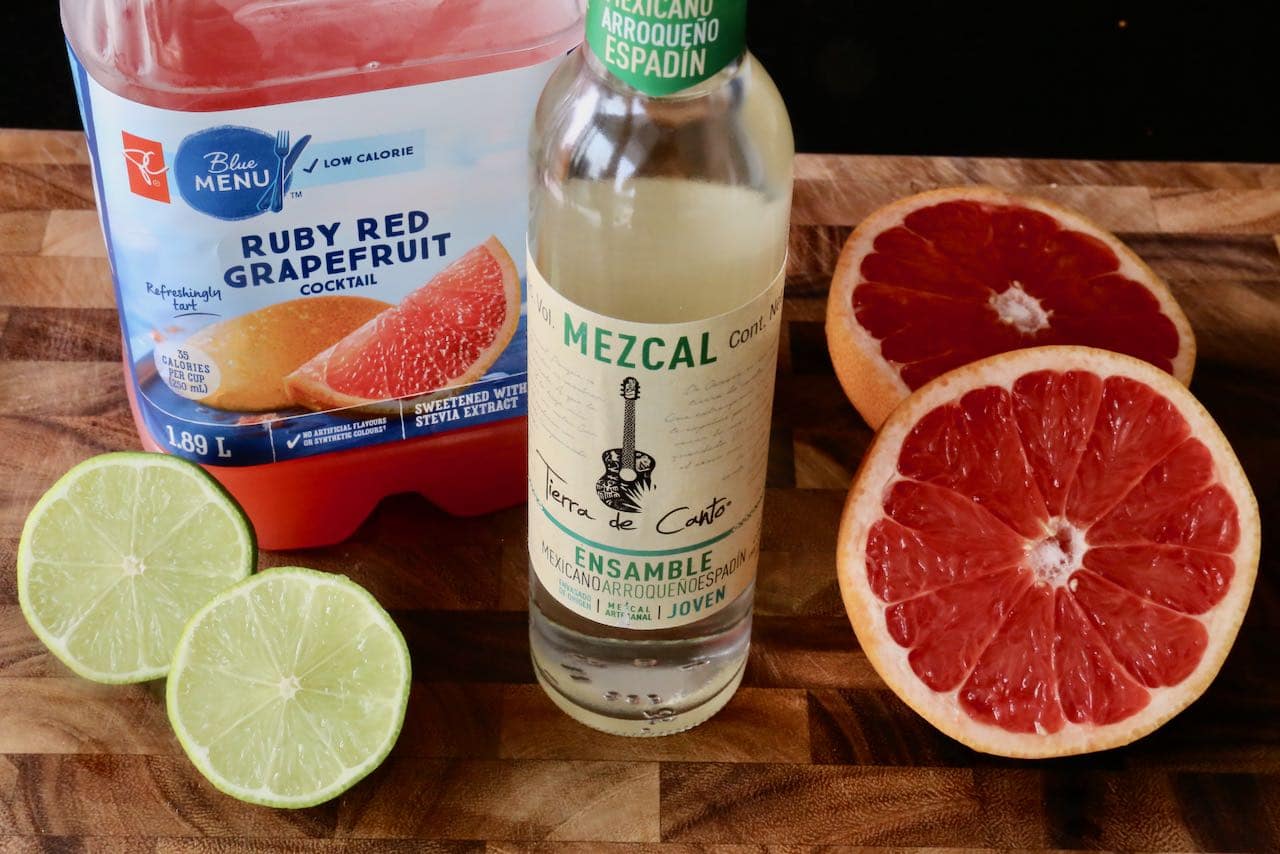 Homemade Frozen Mezcal Paloma Slushie recipe ingredients.