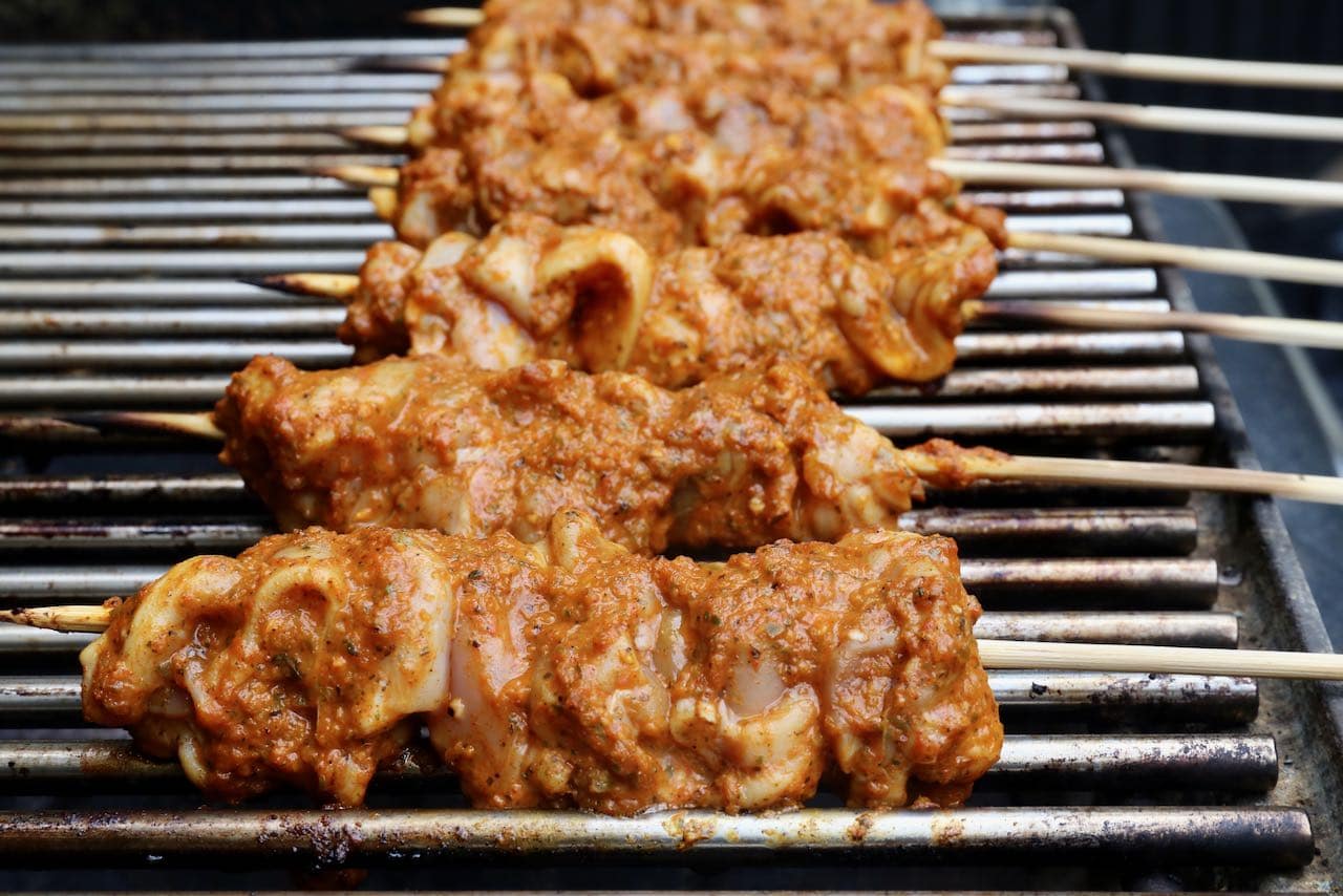 Grill Tavuk Sis Chicken Kebabs on a barbecue.