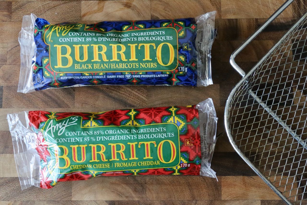 We tested this frozen air fryer burritos recipe with Amy's Kitchen products.