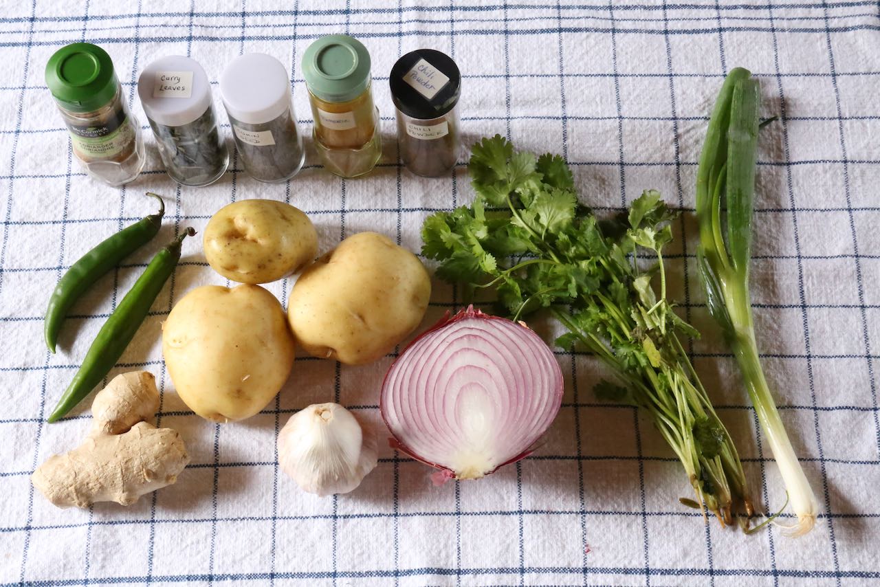 Traditional Aloo Bharta recipe ingredients.
