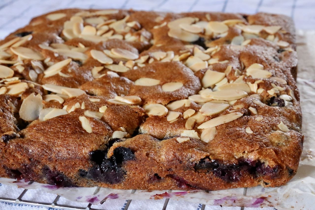 Let Blueberry Almond Cake rest and cool before slicing and serving.