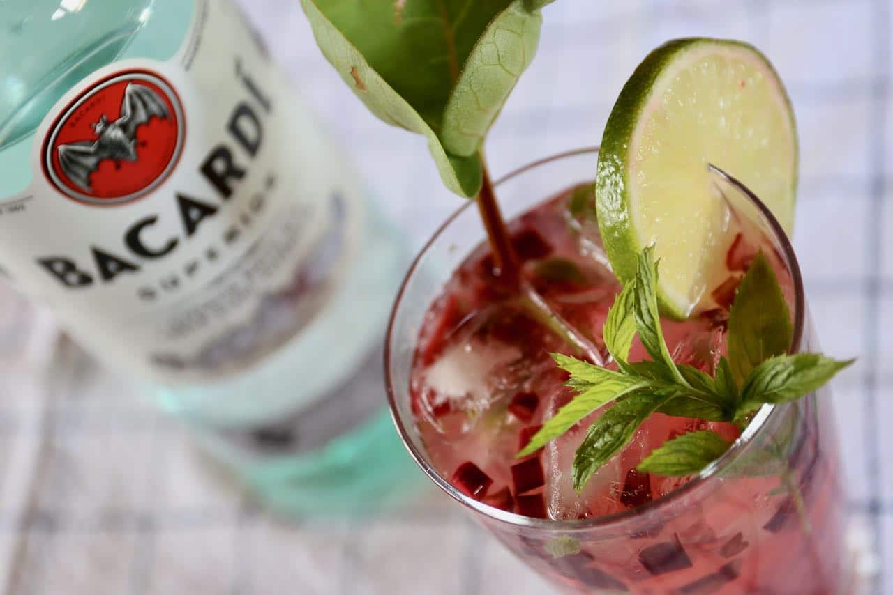 The rhubarb imparts a tart flavour to the classic Cuban mojito cocktail.