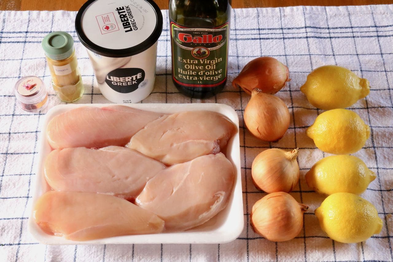 Traditional Joojeh Kabab Persian Saffron Chicken recipe ingredients.