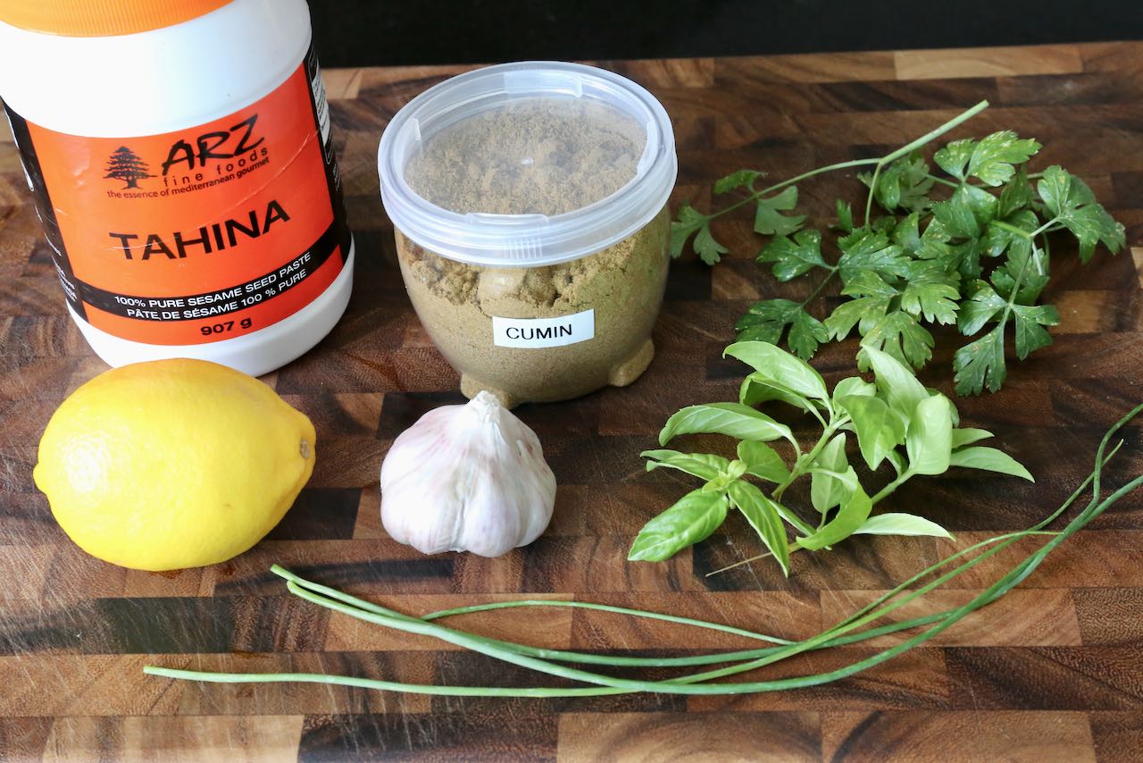 Homemade Lemon Herb Tahini recipe ingredients.
