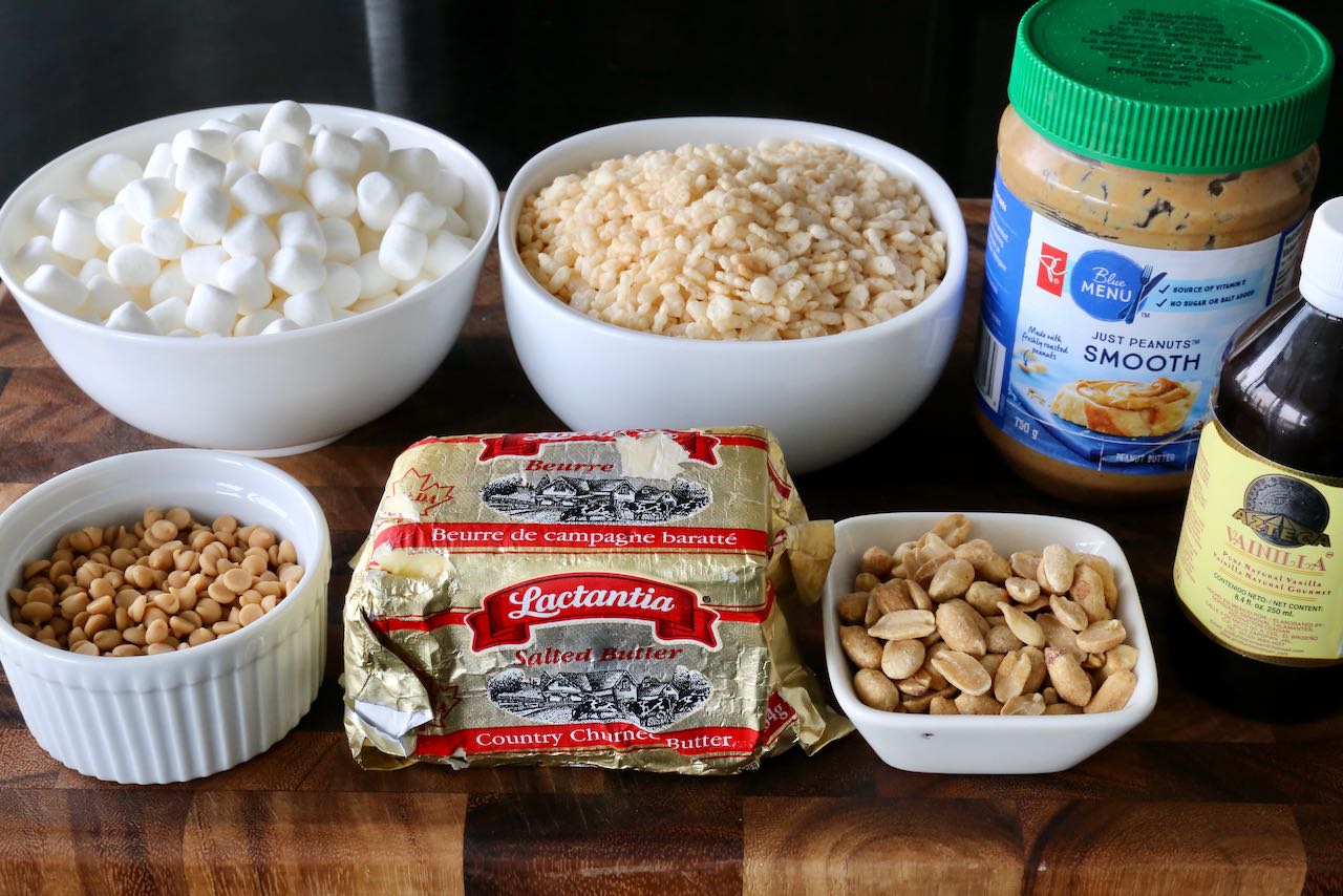 Homemade Peanut Butter Rice Krispies Treats ingredients.