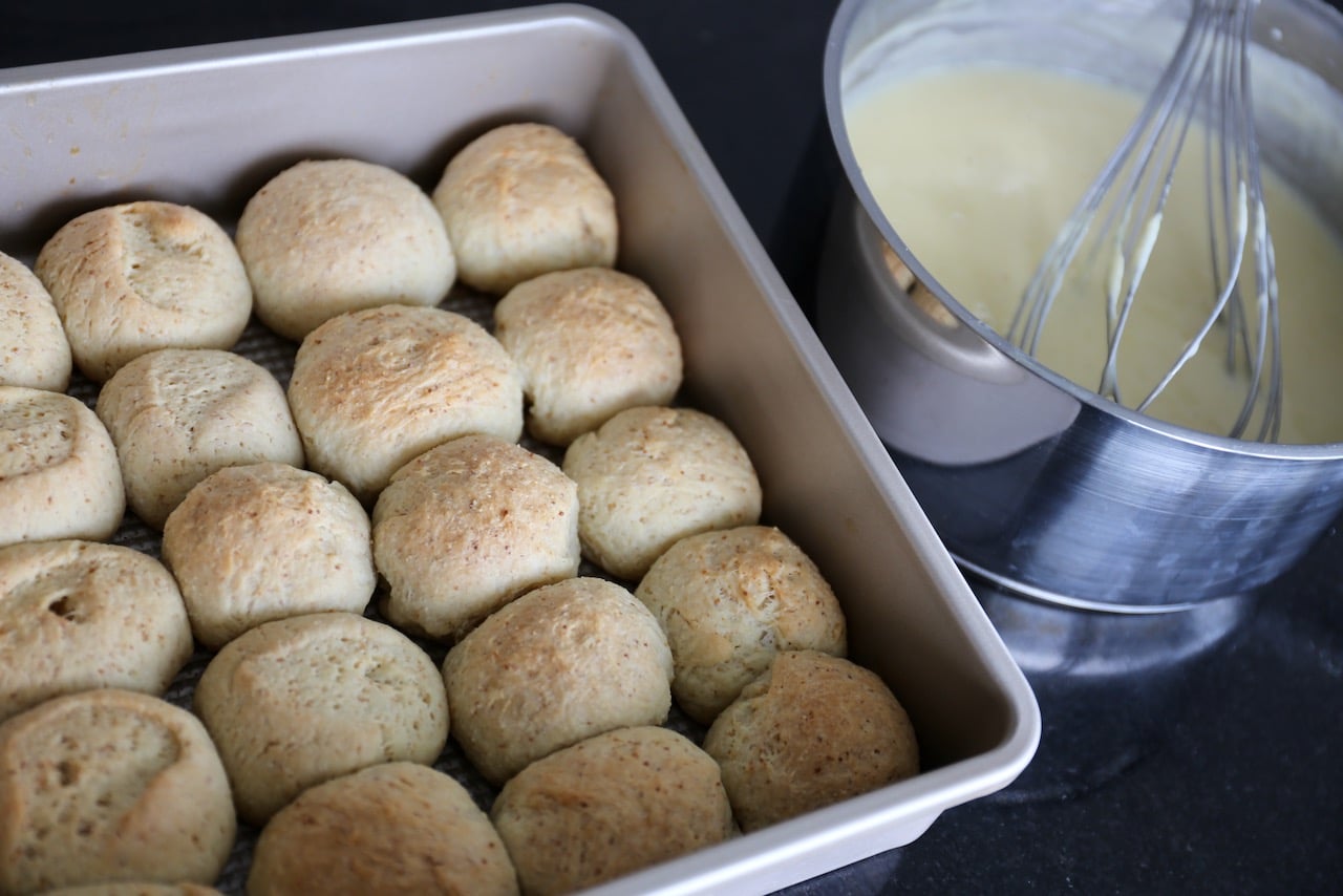 Dukatove Buchticky are traditionally served with vanilla custard sauce. 