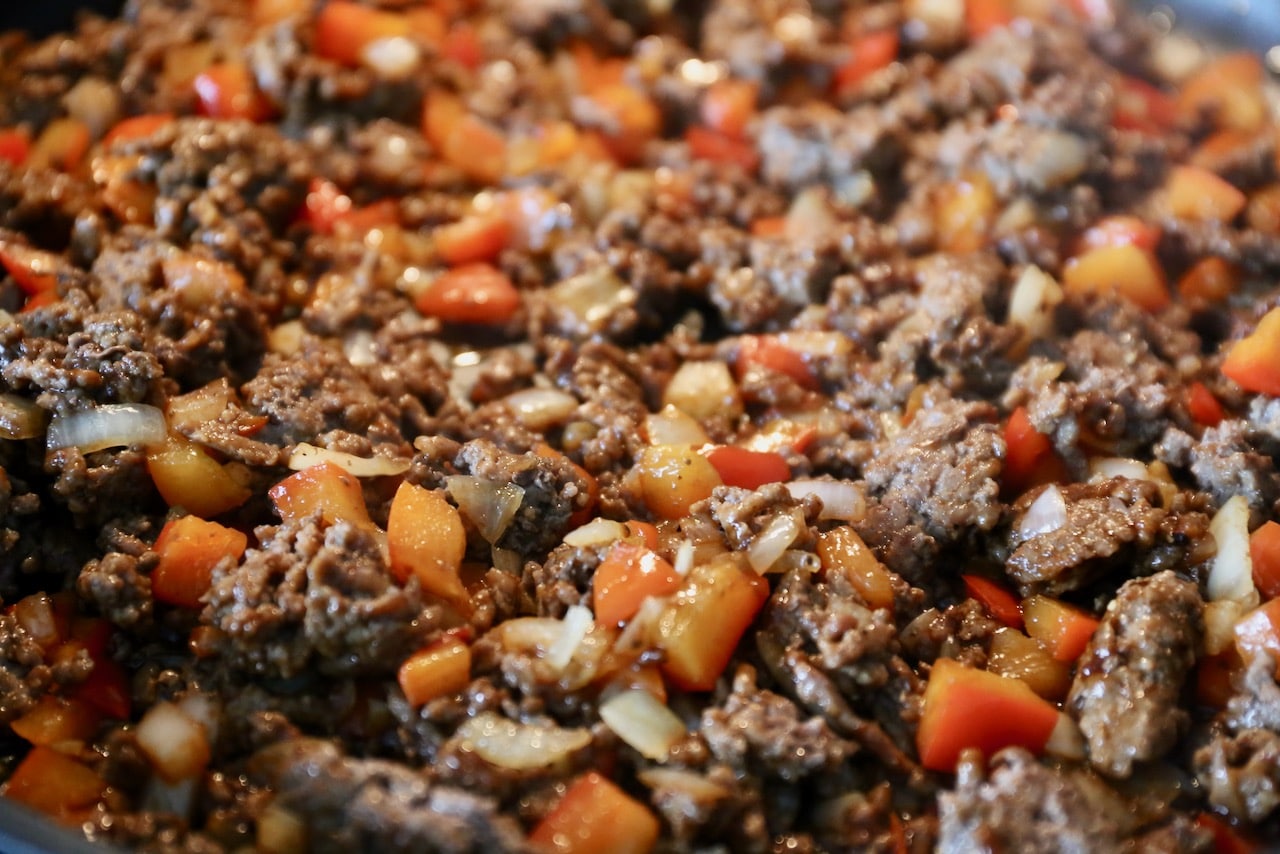 The pasta shell filling features Philly Cheesesteak ingredients like beef, bell peppers and onion.
