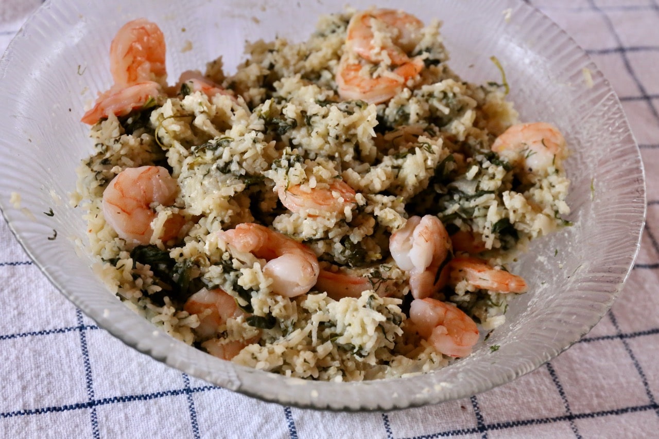 Spanakorizo rice served with sauteed shrimp. 