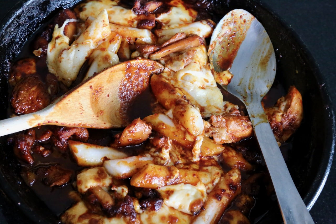 Serve Cheesy Tteokbokki as soon as the skillet comes out of the oven.