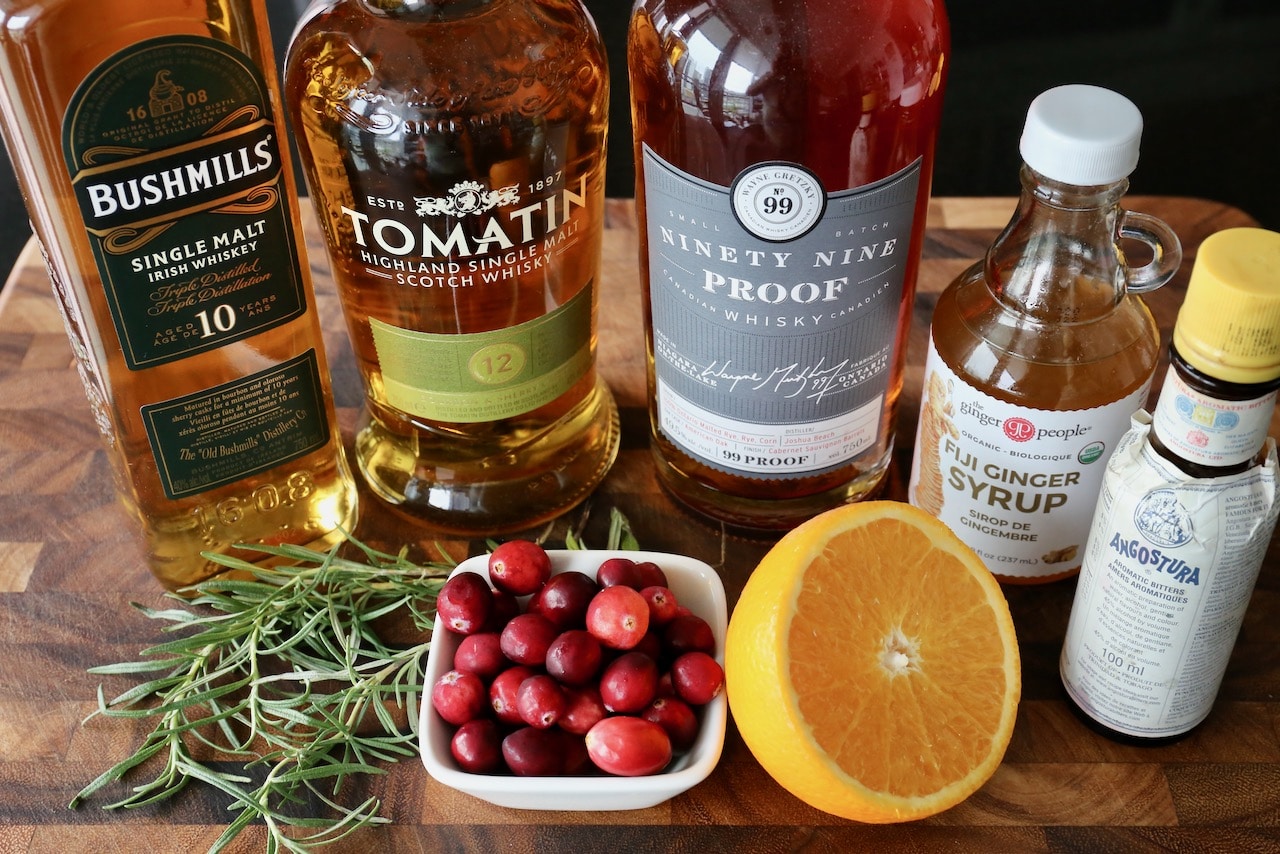 Festive Holiday Christmas Old Fashioned Cocktail recipe ingredients. 