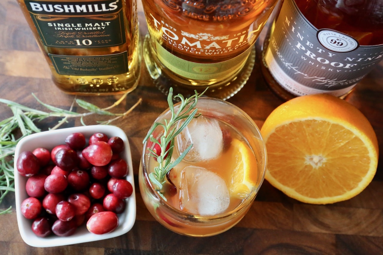 This Holiday Old Fashioned recipe can be prepared with Irish Whiskey, Scotch, Rye or Bourbon. 