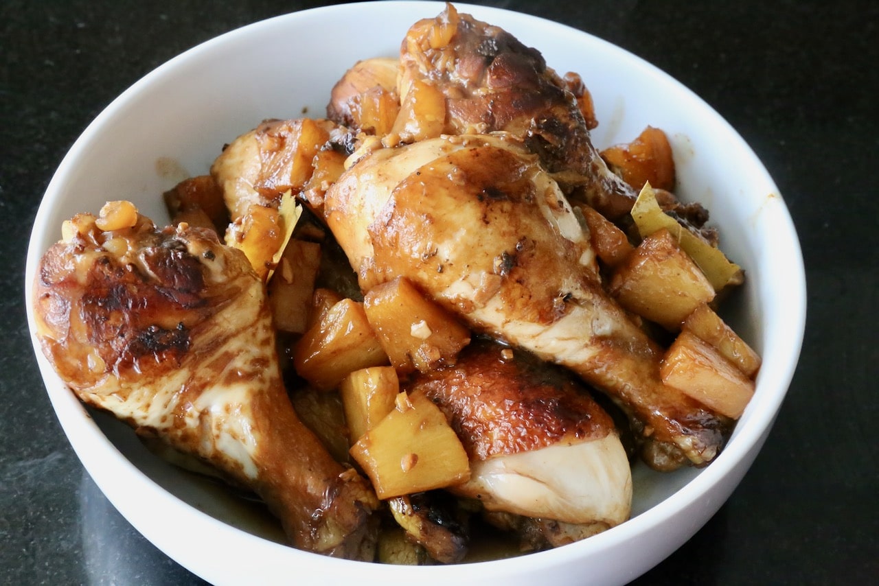Tender Chicken Adobo with sweet and tangy pineapple chunks.
