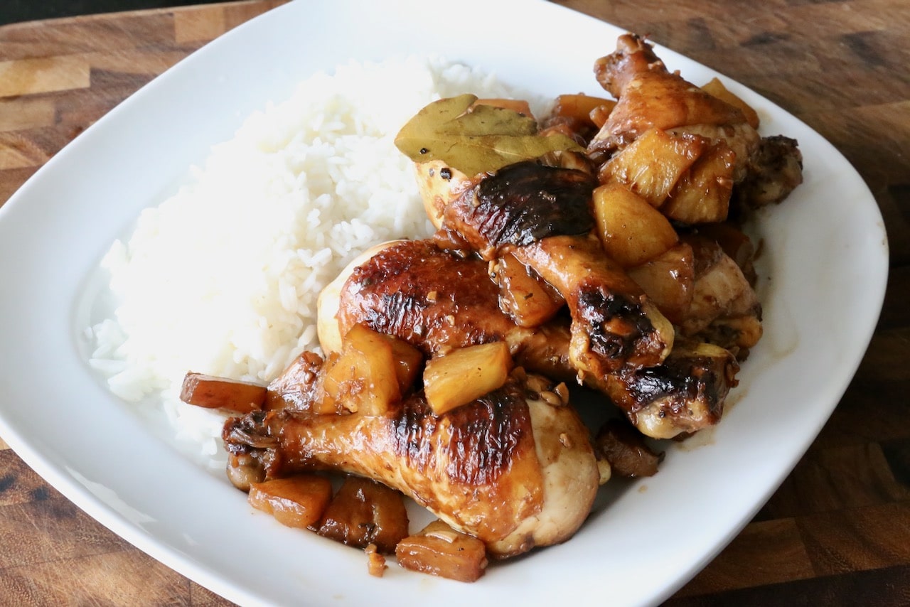 Serve Pineapple Chicken Adobo with steamed rice.