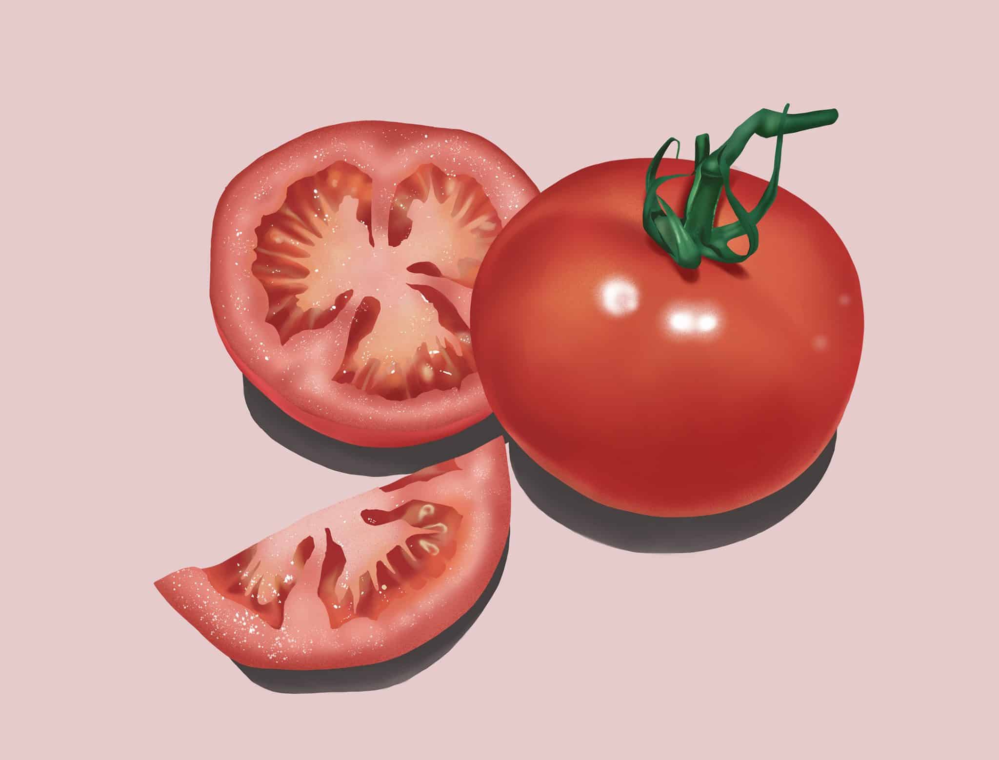 Realistic drawing of a tomato on beige background on Craiyon