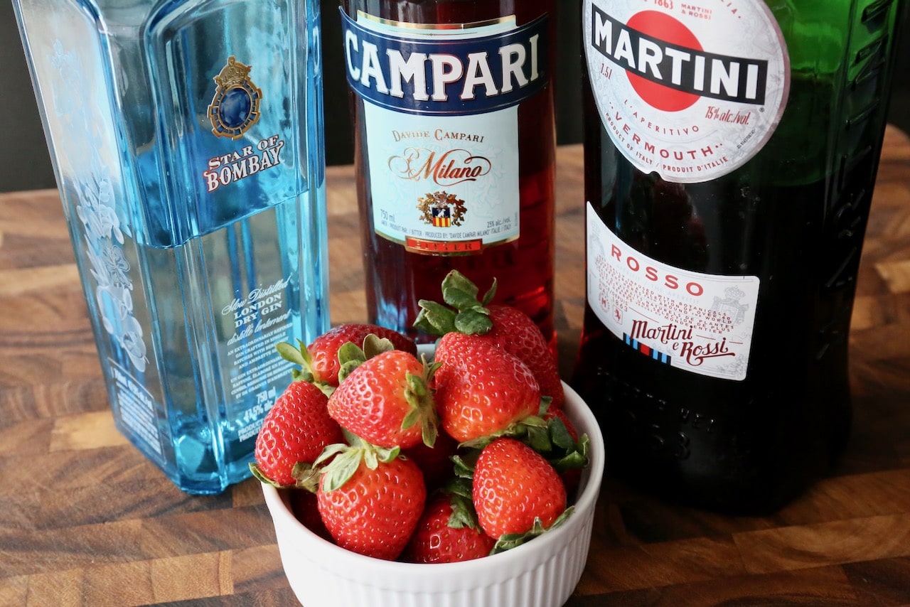 Traditional Strawberry Negroni Cocktail recipe ingredients.