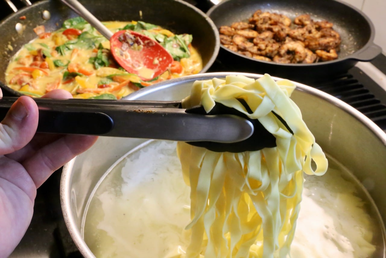 We like to make this Jerk Shrimp Pasta with fresh tagliatelle noodles.