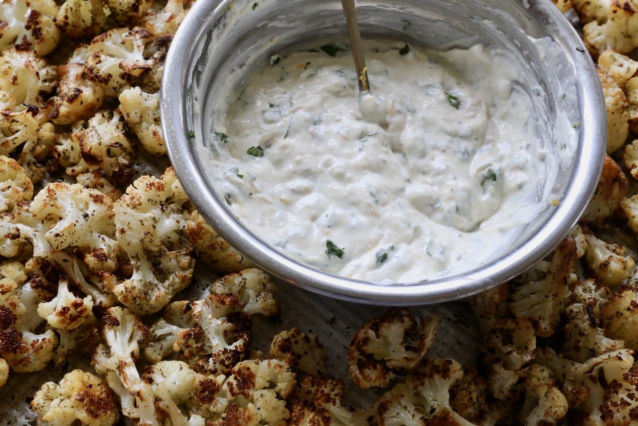 We like to serve Lebanese Cauliflower with a creamy yogurt dip.