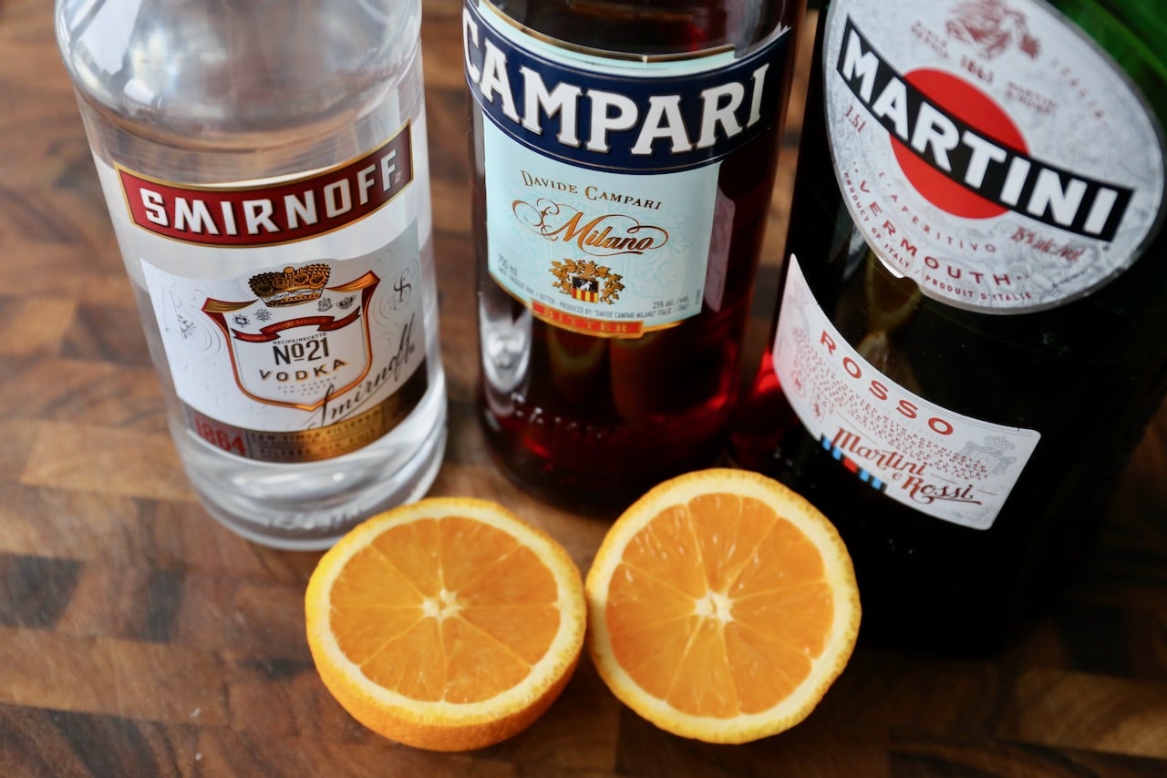 Homemade Vodka Negroni Cocktail recipe ingredients.