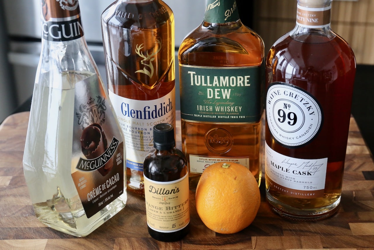 Festive Chocolate Old Fashioned Cocktail recipe ingredients.