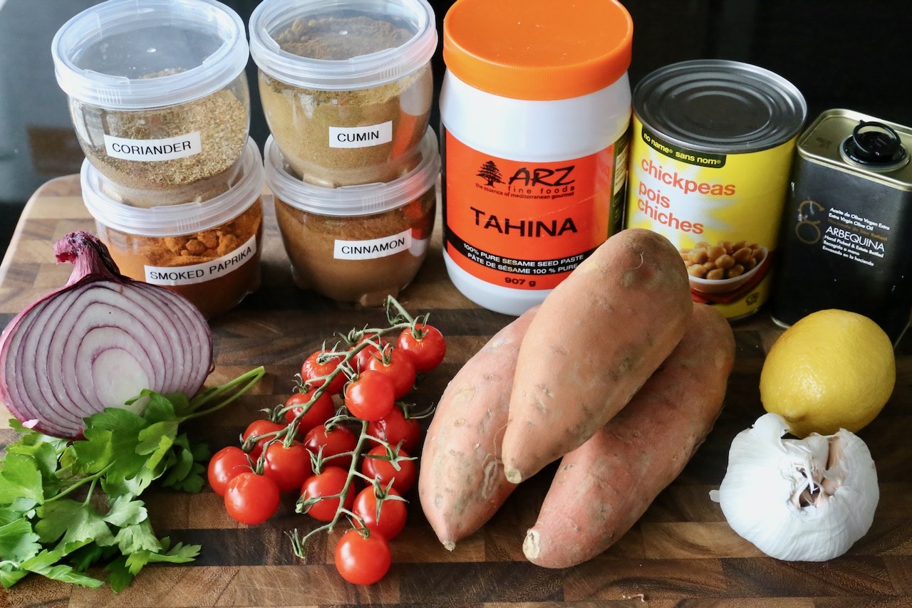 Homemade Lebanese Tahini Sweet Potatoes recipe ingredients. 