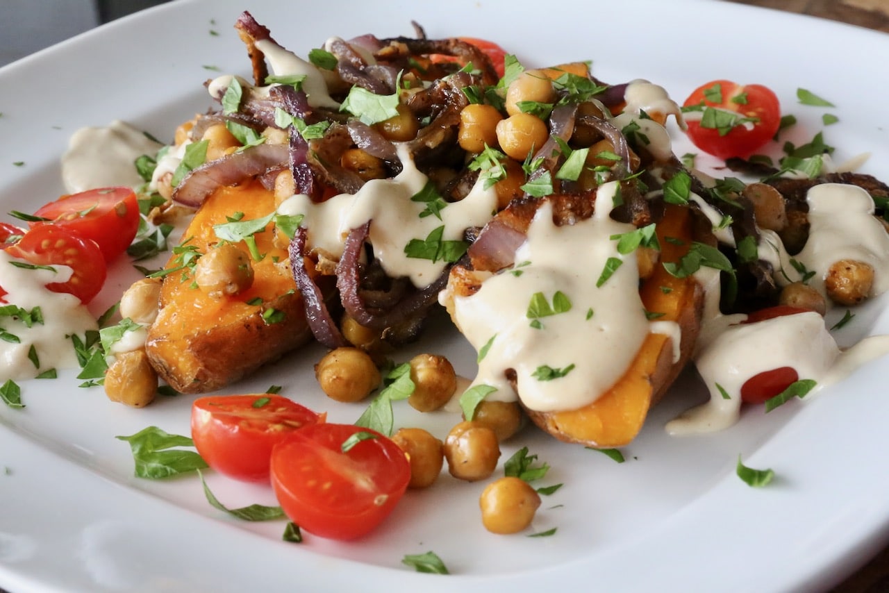 Now you're an expert on how to make healthy Tahini Sweet Potatoes!