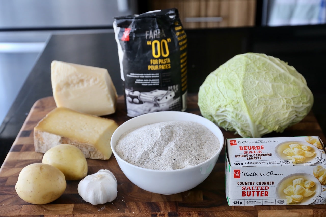 Homemade Pizzoccheri alla Valtellinese pasta recipe ingredients.