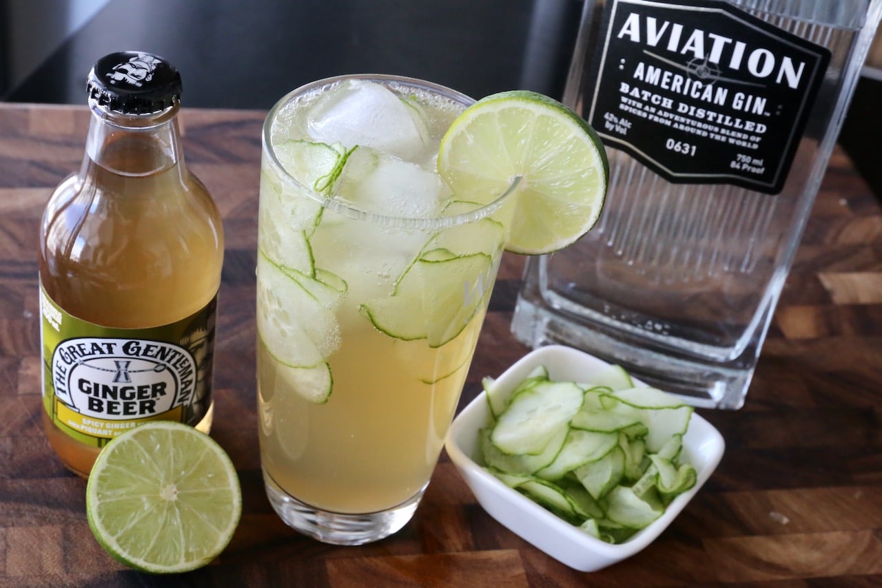 Use a mandoline to thinly slice cucumber and muddle into the cocktail.