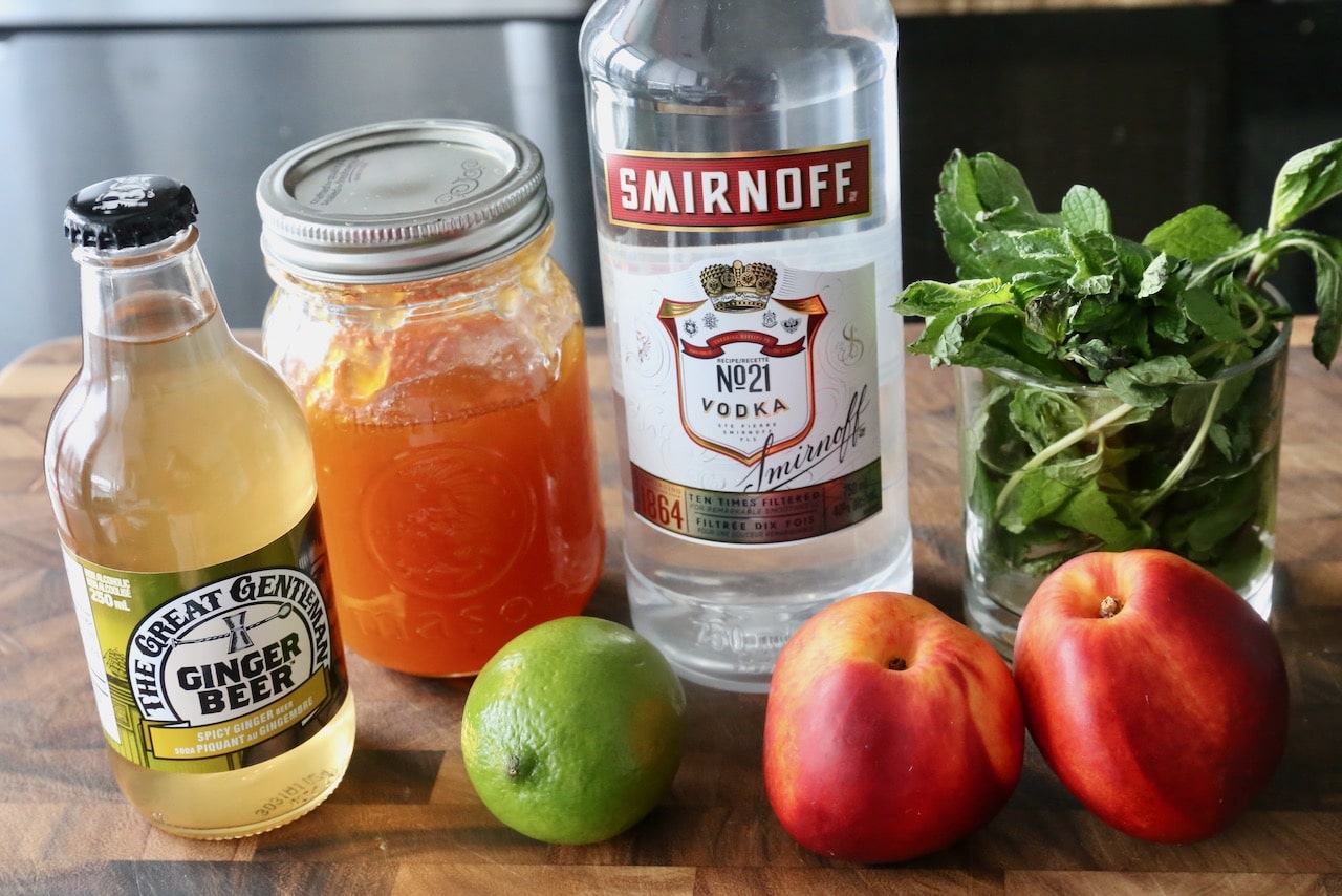 Homemade Peach Mule Cocktail recipe ingredients.