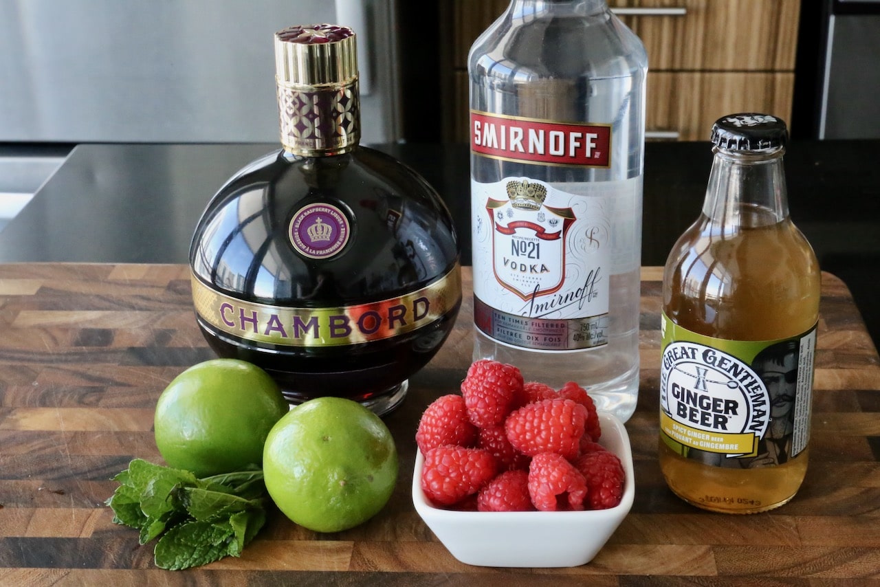 Traditional Raspberry Mule Cocktail recipe ingredients.