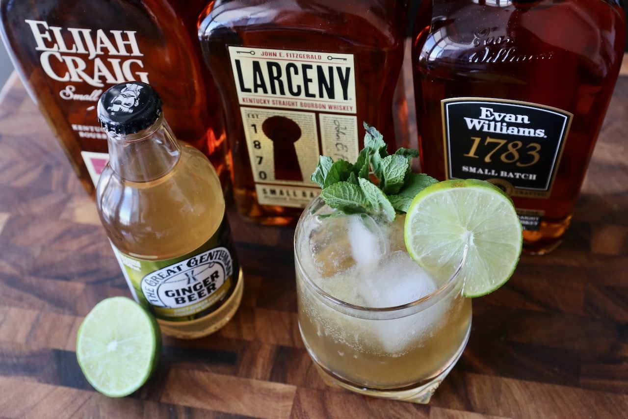A Kentucky Mule recipe features bourbon, ginger beer, lime, and mint.
