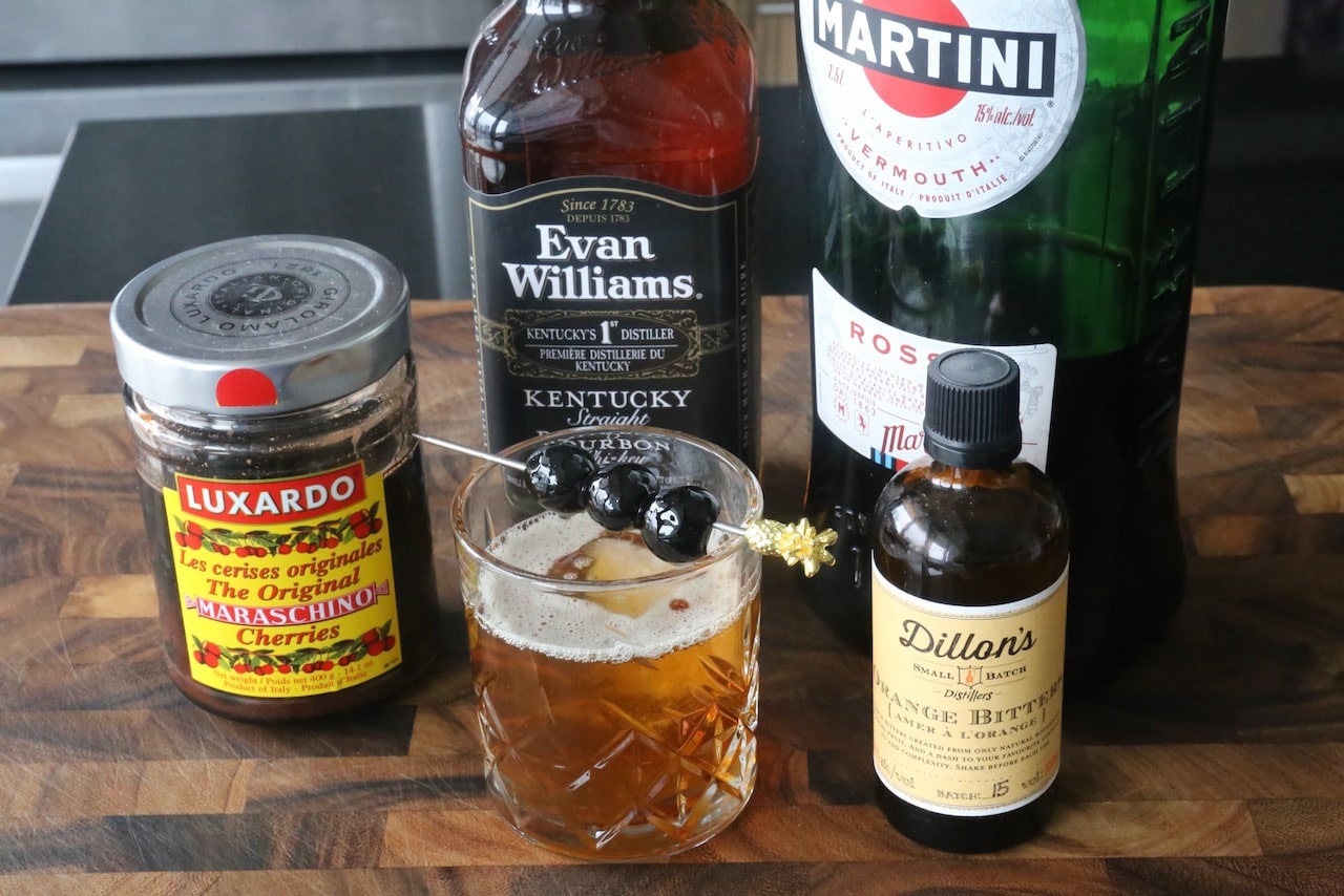 This Manhattan cocktail recipe is made with bourbon whiskey, red vermouth, and bitters.