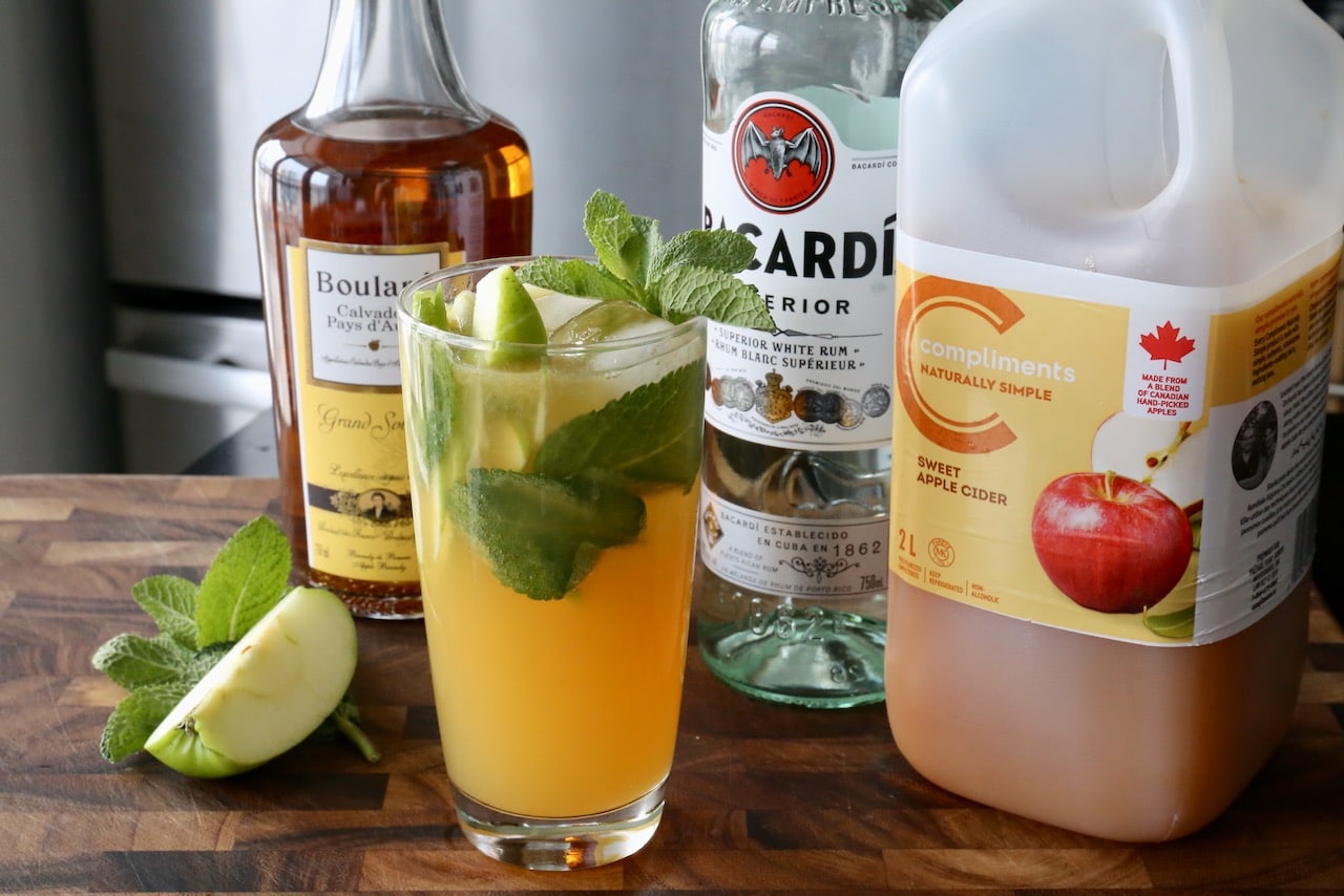 This mojito recipe features green apple slices, apple cider, calvados apple brandy and rum. 