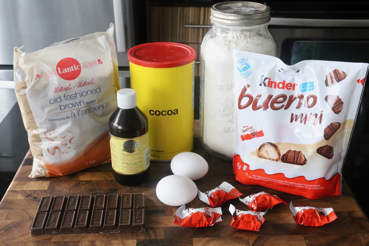 Homemade Kinder Bueno Brownie recipe ingredients.