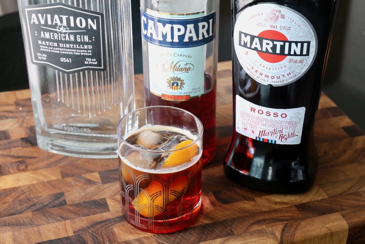 Garnish this easy Espresso Negroni with an orange peel.
