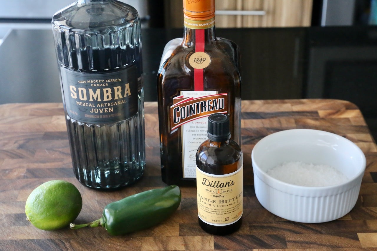Traditional Spicy Mezcal Margarita cocktail ingredients.