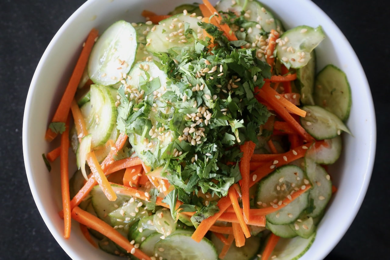 This Cucumber Carrot Salad is crunchy and refreshing to eat on a hot summer day.